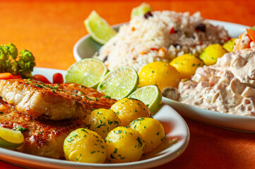 Seafood with pasta sauce, Greek rice and potatoes