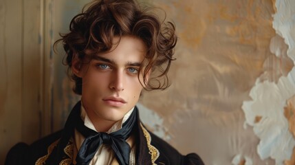 Handsome young victorian man with wavy brown hair posing elegantly