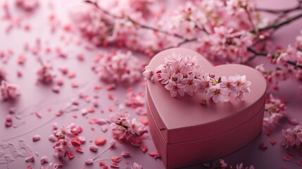 Elegant heart-shaped gift box surrounded by cherry blossom petals on soft background
