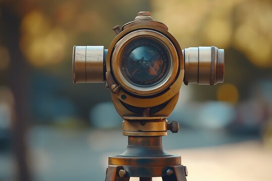 A geodesic theodolite in use, with a blurred background