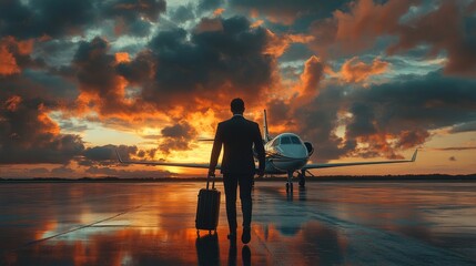 businessman Executive walking to luxury private jet at evening. Corporate jet