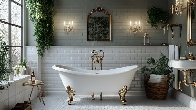 luxurious bathroom Vintage Glamour: Features: Retro-inspired elements with a touch of opulence. Key Elements: Clawfoot tubs, brass or gold fixtures, and patterned tiles. Example: Adding a vintage vani
