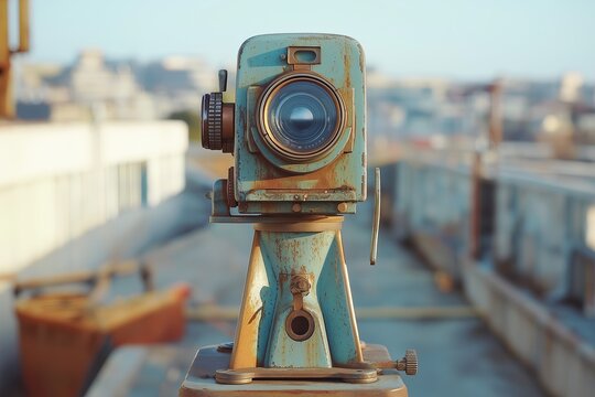 A geodesic theodolite in use, with a blurred background