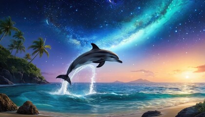 A playful dolphin emerges from the sea in a fantasy landscape, surrounded by celestial wonders and the magical glow of a sunset, blending the sea and stars