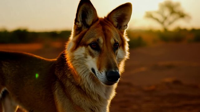 A dingo gazes into the distance, illuminated by the warm glow of the sunset in the Australian outback