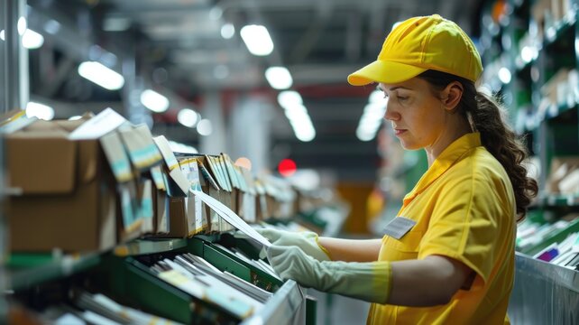 A postal worker at an international mail center, sorting letters from different countries