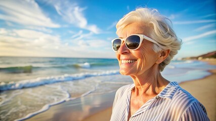 Beach, travel and senior woman with smile for vacation, weekend holiday and adventure.
Ocean, elderly person and sunglasses for sunshine, peaceful and happiness in retirement.