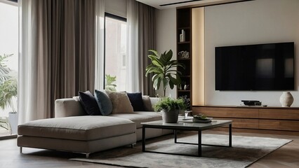 Fototapeta premium Tranquil Living: Muted and Plush Comfort in a Modern Space Modern Living Room with TV and Sheer Curtains