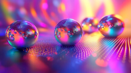 Closeup of shiny orbs reflecting colorful light on textured surface.