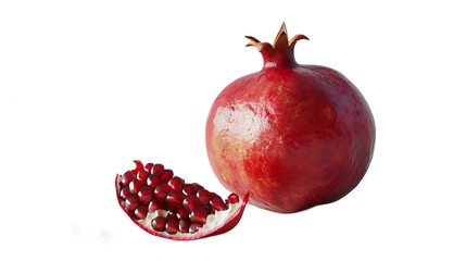 A whole pomegranate with a single slice placed on the table for advertisement.
