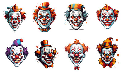 Set of cartoon horror clown character faces. vector illustration of evil clowns smile scary circus monsters. Generative AI.