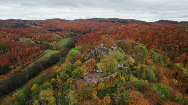 Aerial view ruins of old castle. Ruin of Hohnstein Castle, Harz mountains, Germany.