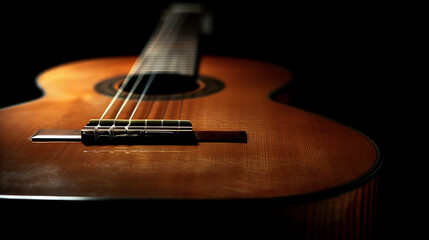 Classical guitar close-up on black background with copy space.