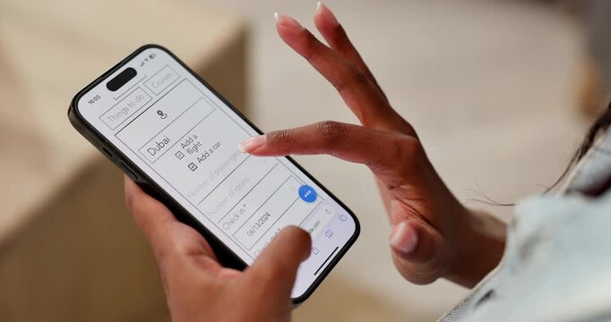 Home, hands and typing in phone screen for online booking, select date and destination for vacation. Girl, website and mobile app for available flight, registration and travel for holiday in Dubai