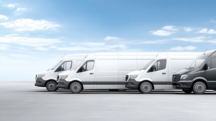White delivery trucks are parked in a row on a paved lot, showcasing their clean design against a serene sunset backdrop