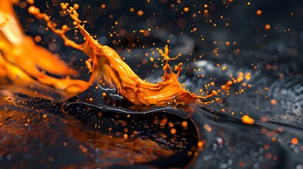 Vibrant orange and black liquid splash with dynamic movement and intricate details