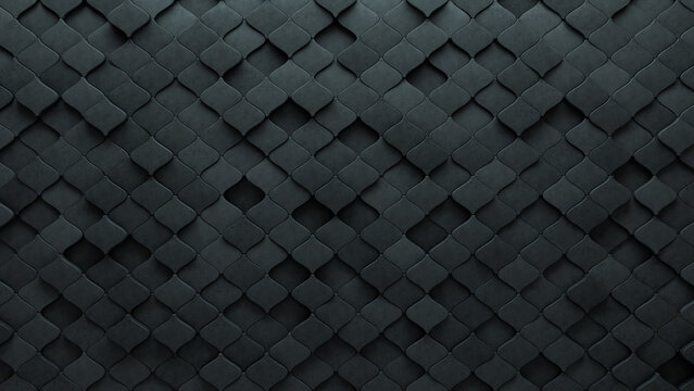 Semigloss, 3D Mosaic Tiles arranged in the shape of a wall. Futuristic, Arabesque, Blocks stacked to create a Concrete block background. 3D Render