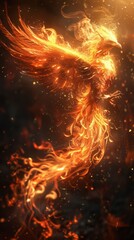 Fiery phoenix in flight, with glowing and intense flames.

