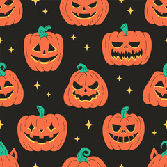Seamless pattern with scary Halloween pumpkins. Happy Halloween, trick or treat. Vector illustration in flat style