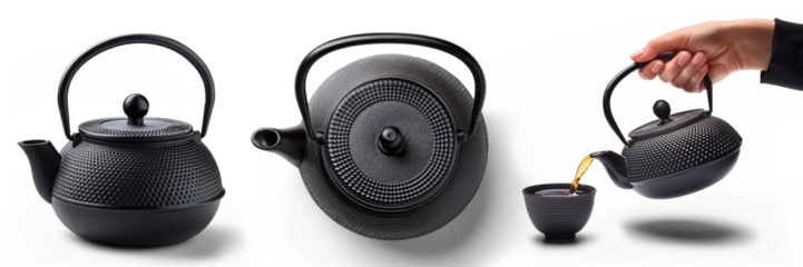 traditional Cast Iron Tea Pots Black; front view, top view, a hand pouring in a cup of tea