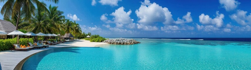 Tropical Resort Pool with Ocean Views and Palm Trees