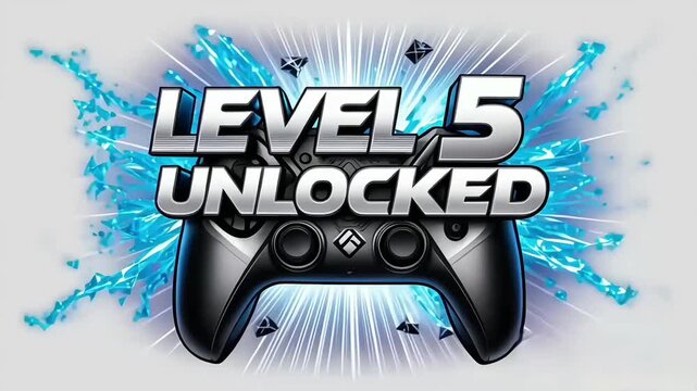 Dynamic motion graphic of a controller with the text LEVEL 5 UNLOCKED in a futuristic font, suggesting achievement or unlocking a level in a video game.