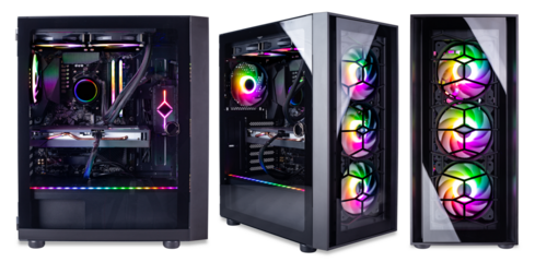 Set collection of black modern high end gaming computer with glass windows and bright colorful rainbow RGB LED lights in front and side view isolated white  background. esports pc games concept