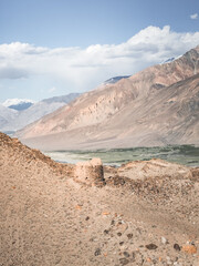 Remains of the ancient fortress Yamchun in the Tien Shan mountains in Tajikistan in Pamir, ruins of the fortress fort