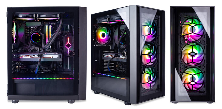 Set collection of black modern high end gaming computer with glass windows and bright colorful rainbow RGB LED lights in front and side view isolated white  background. esports pc games concept