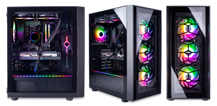 Set collection of black modern high end gaming computer with glass windows and bright colorful rainbow RGB LED lights in front and side view isolated white  background. esports pc games concept