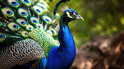Obraz premium A detailed photo of a peacock's vibrant tail feathers against a leafy background