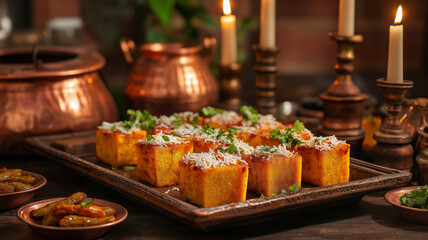 Fototapeta premium Festive Indian Dhokla Served on a Traditional Platter During a Cultural Celebration