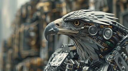 Sleek robotic eagle with metallic feathers and mechanical parts in a close-up profile