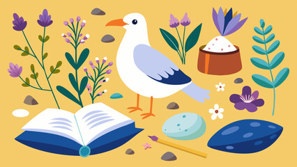 Seagull, heather plant flowers, pages, stones vector illustration 