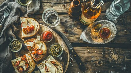   A table with food and beer next to it