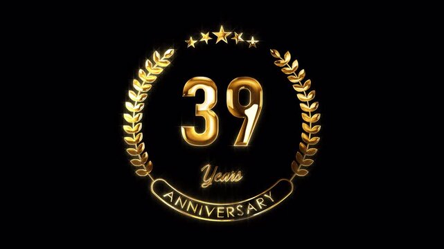 39th Anniversary Celebration. Happy 39 Years Anniversary Animation in Gold Color on the Transparent Background, Alpha Channel. Great for greetings, celebrations, events, and gifts.