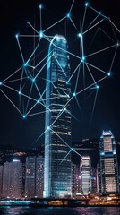 A stunning view of a modern city skyline illuminated at night, integrated with digital graphics showcasing technology and connectivity throughout the urban landscape