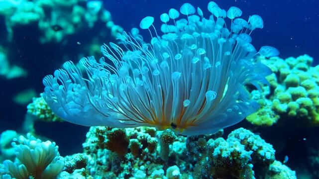 A vibrant coral reef hosts a delicate jellyfish, showcasing its ethereal beauty in clear blue waters under midday sunlight