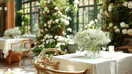 Obraz premium A restaurant with white tables and chairs, and a large potted plant in the middle of the room