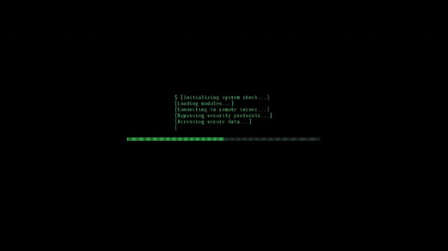 Green Loading Bar Below Hacking Commands on a Black Screen, Indicating System Initialization, Security Bypass, and Data Decryption.