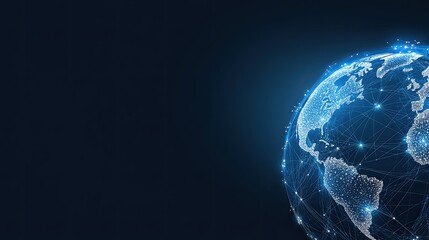 The globe is illuminated with digital connections, showcasing global data networks in a striking blue color against a dark background