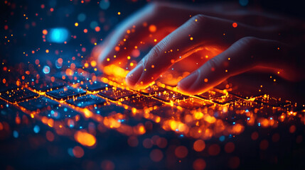 focused hand types on a laptop keyboard, symbolizing productivity and modern work culture. The empty cap on the table suggests creativity and intellectual engagement in a dynamic digital environment