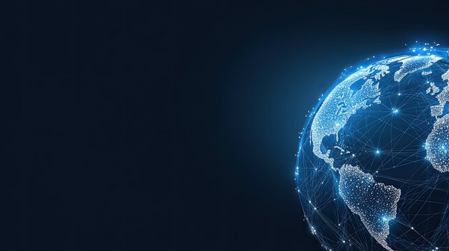 The globe is illuminated with digital connections, showcasing global data networks in a striking blue color against a dark background