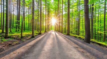 Obraz premium A dirt road in a forest with the sun shining through the trees on the opposite side