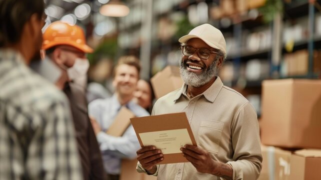 A postal worker receiving an appreciation certificate for outstanding service,