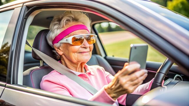 Elderly woman using smartphone while driving with pink visor and sunglasses.