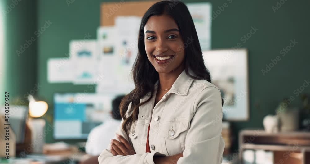 Sticker face, confident and indian woman with arms crossed or smile for ambition, freelancer and creative st