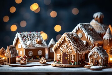 Christmas gingerbread houses on wooden table with bokeh background.. Pastries in the form of houses. Festive scene with holiday pastries. Christmas and New Year background.
