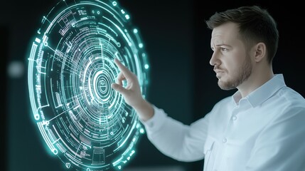 A business professional engages with an advanced holographic interface, showcasing innovative technology and digital interaction in a sleek office environment