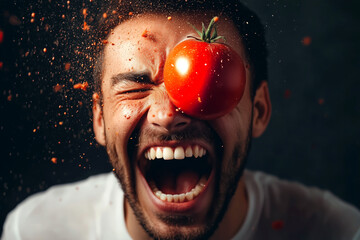 Men in a tomato flying at him, Tomatina celebration. Tomato fight.